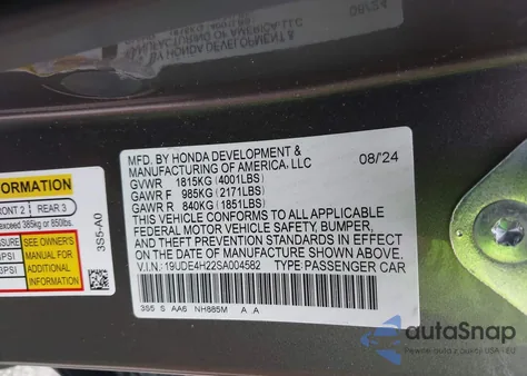 2025 Acura Integra from USA, damaged, VIN 19UDE4H22SA004582